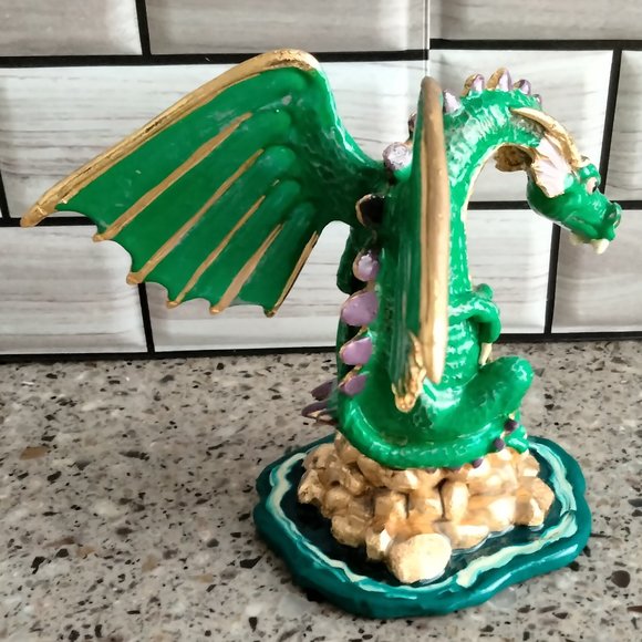 New Enameled Pewter Green Sitting Dragon Statue - Picture 2 of 9